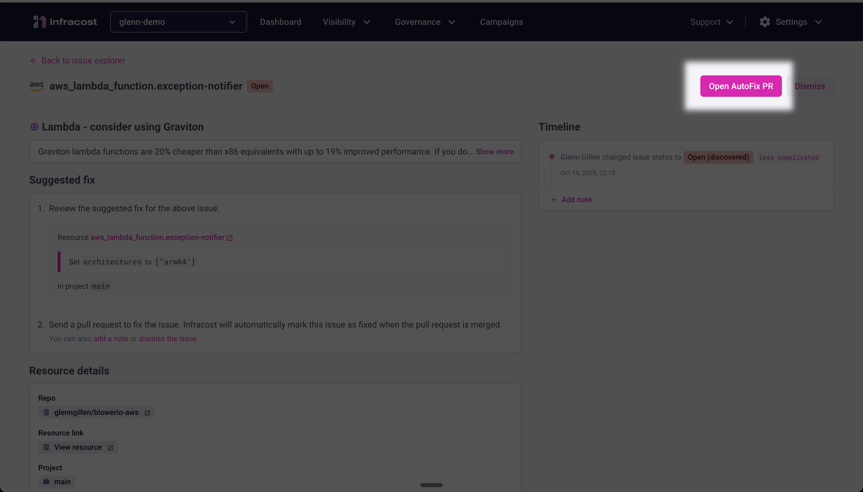 AutoFix PR button on an issue detail page