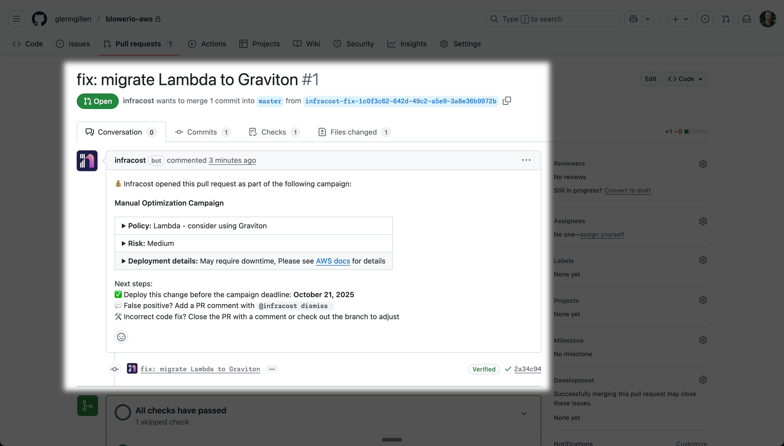 The generated AutoFix pull request, showing policy details and deployment information