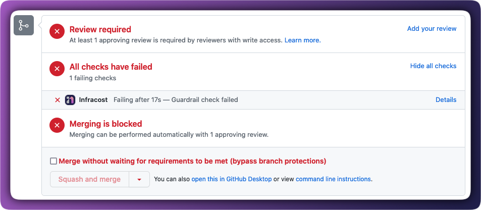 Example pull request being blocked due to a triggered guardrail