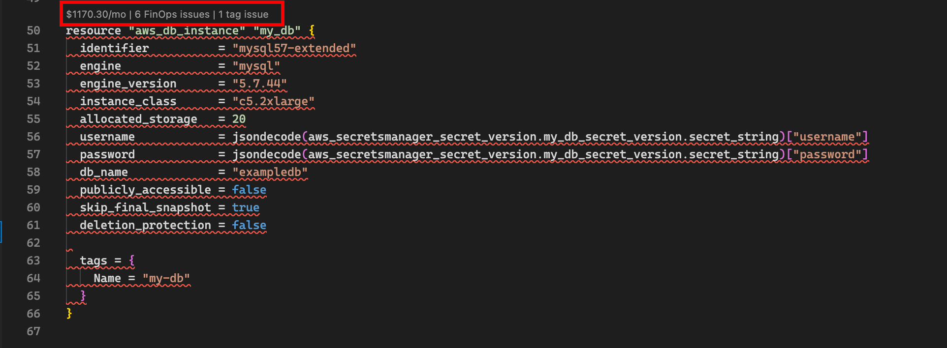 A Terraform file open in VS Code showing inline code lens cost estimates displayed above each resource block.
