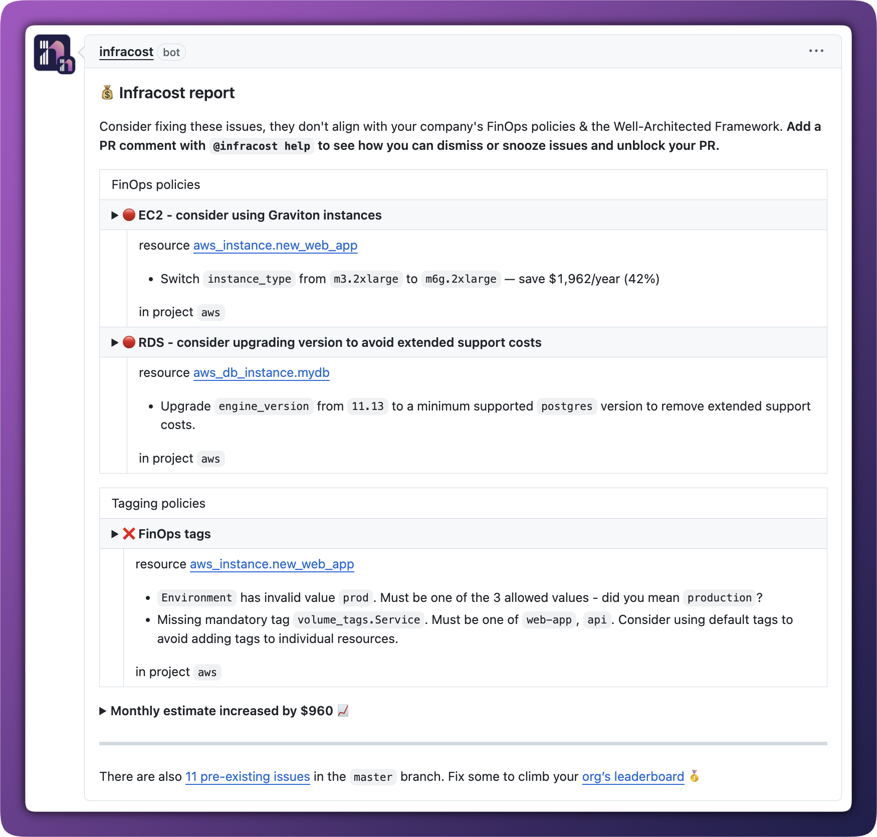 The pull request comment shows exactly what file and line number need to be updated to fix the issue.