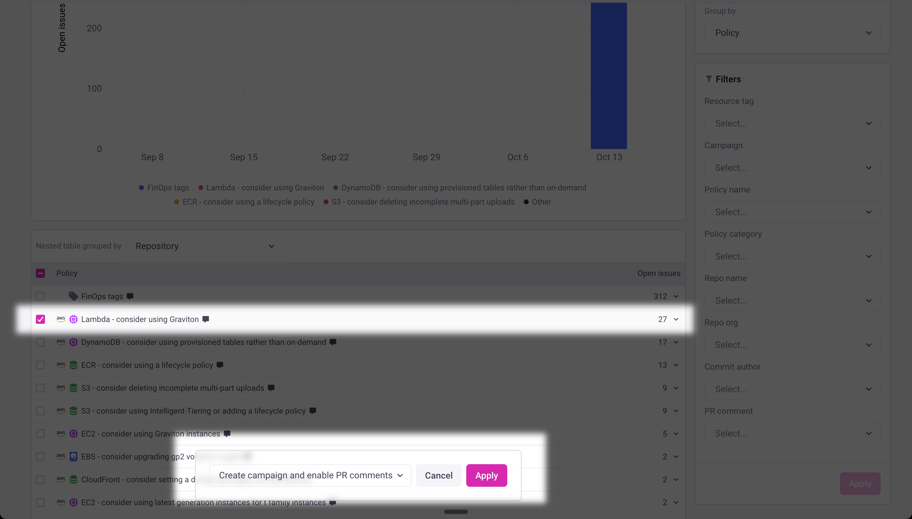 List of policies showing open issues and the popup to create a campaign with PR comments enabled