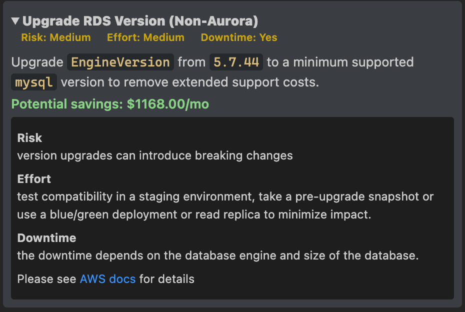 The resource details panel showing a cost breakdown, FinOps policy violations with risk and savings data, and tagging issues for a single resource.