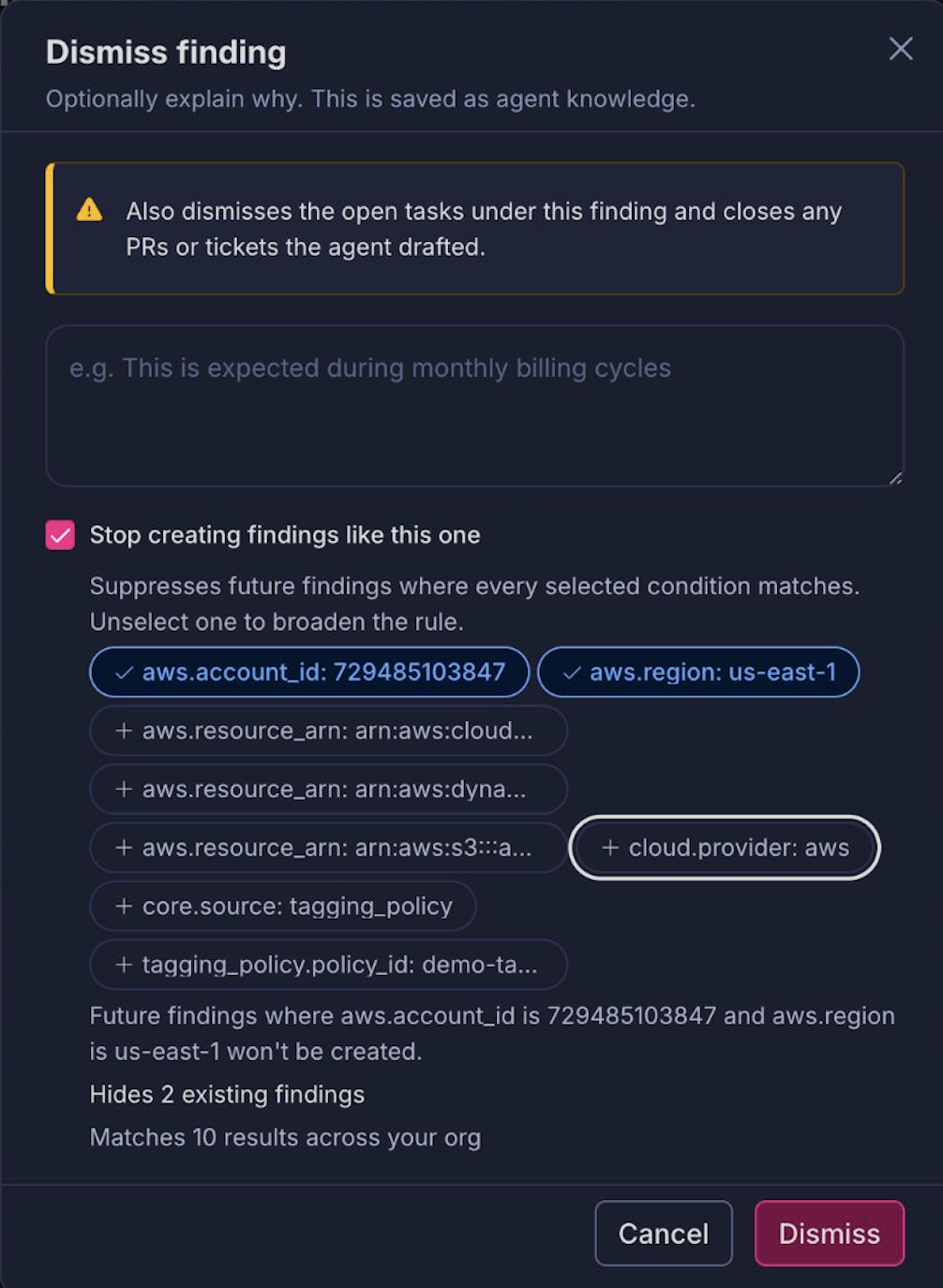 Dismiss finding dialog