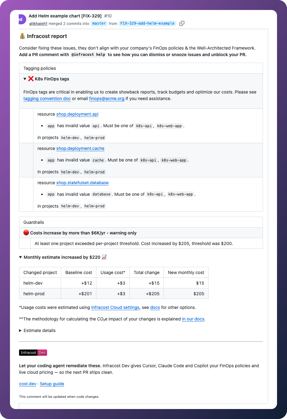 Helm GitHub PR with cost estimates and policy checks