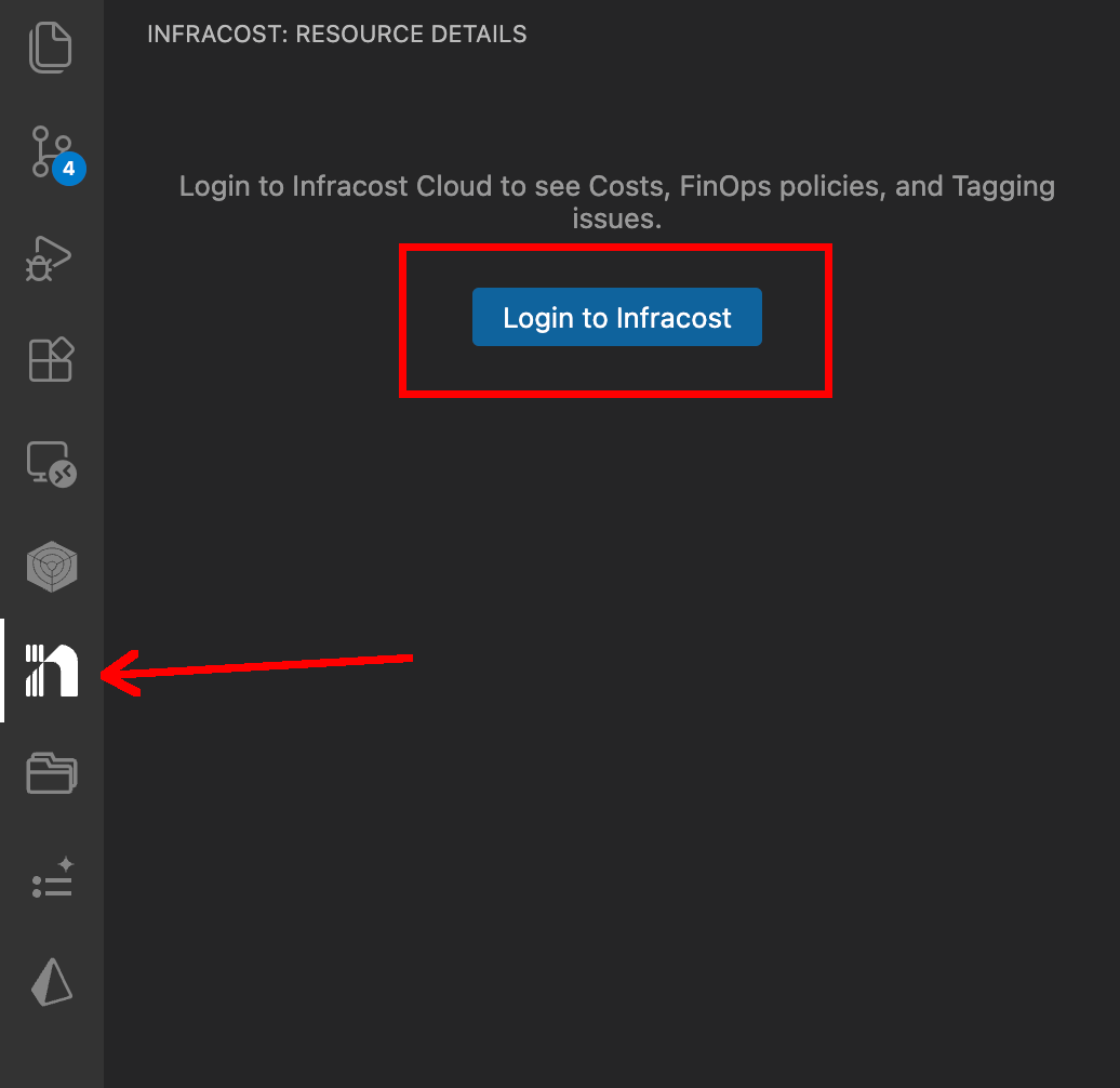 The Infracost sidebar in the editor showing the "Login to Infracost" button.
