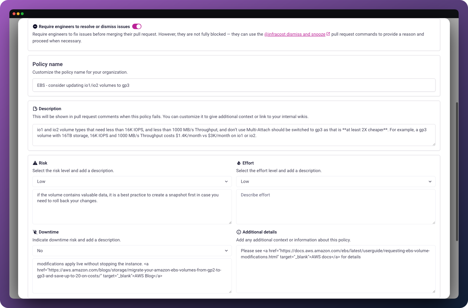 Each policy has settings that can be updated to enforce it in pull requests or customize the message shown in the pull request.
