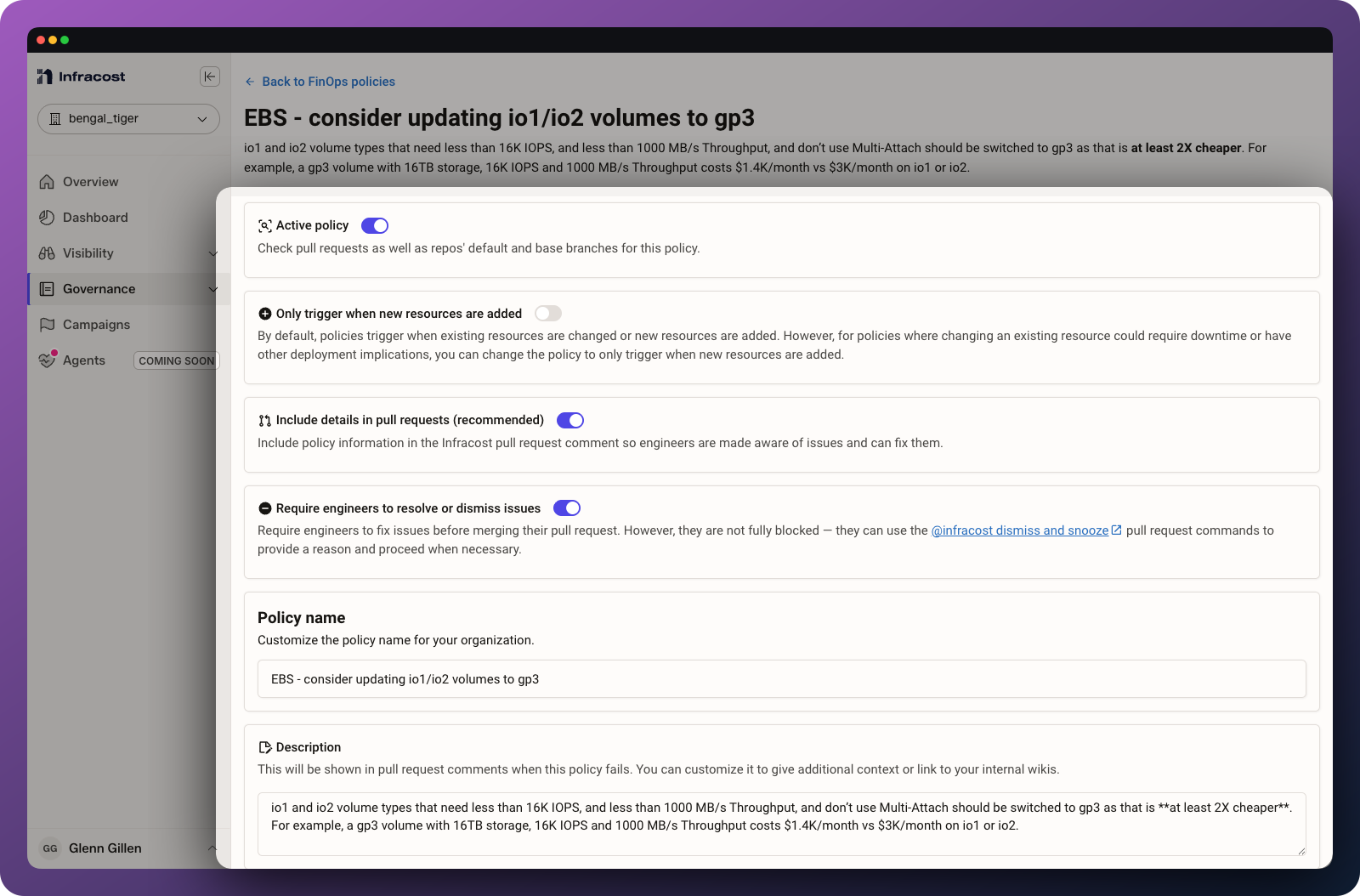 Each policy has settings that can be updated to enforce it in pull requests or customize the message shown in the pull request.