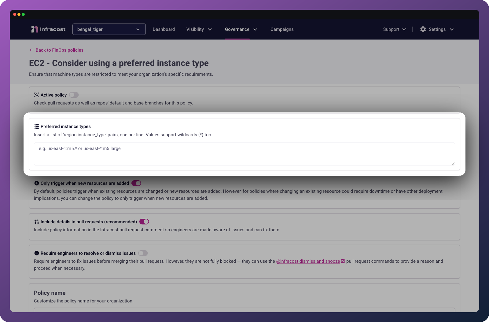 Preferred instance types are configurable via the policy settings page.