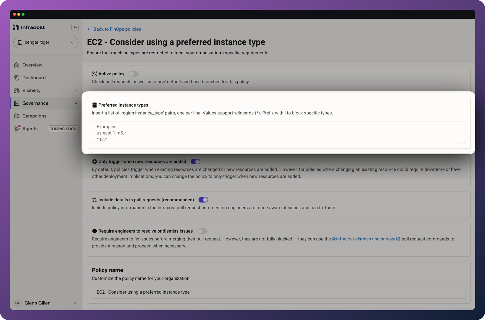 Preferred instance types are configurable via the policy settings page.