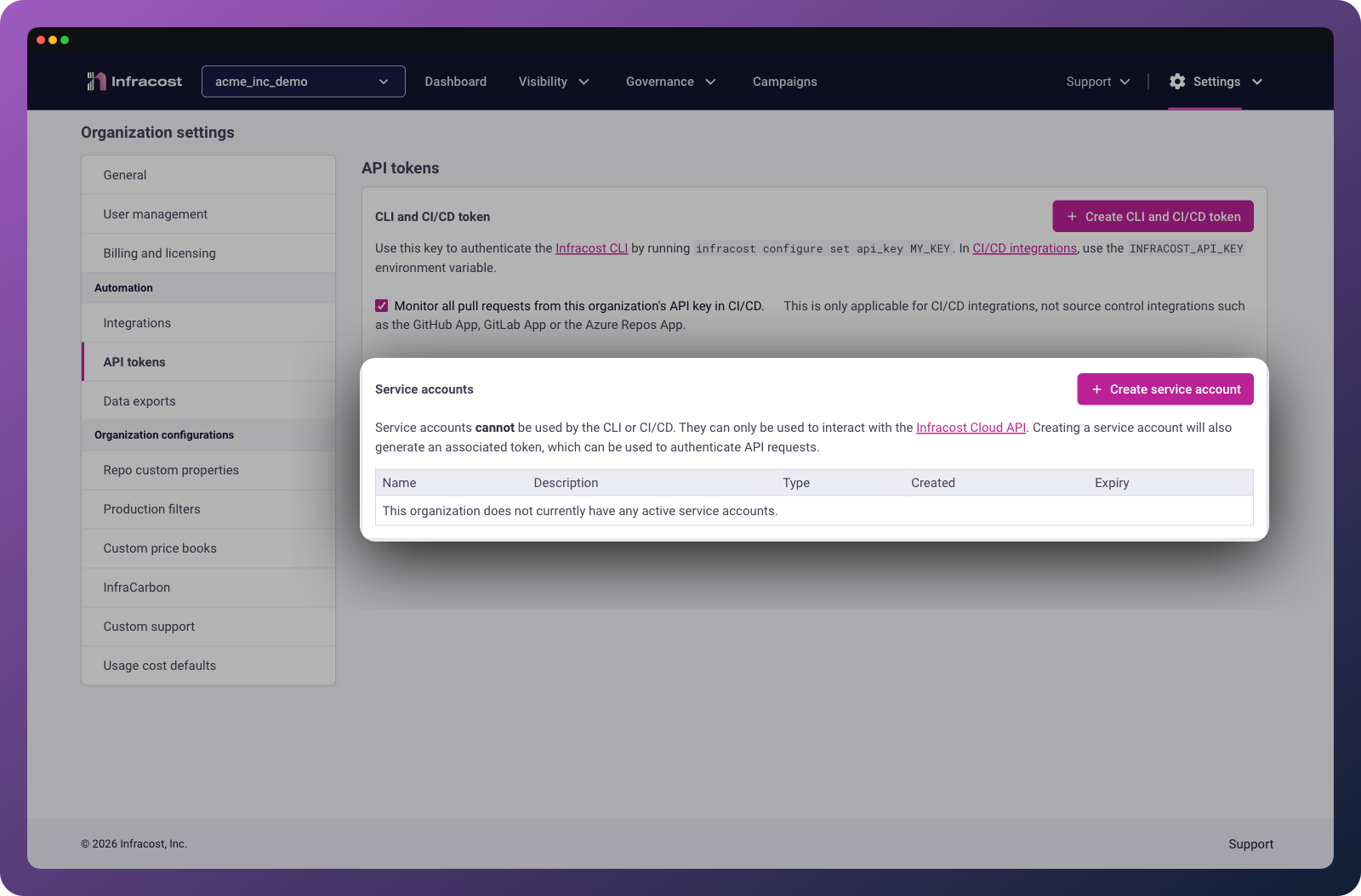 Create a service account token to access the api