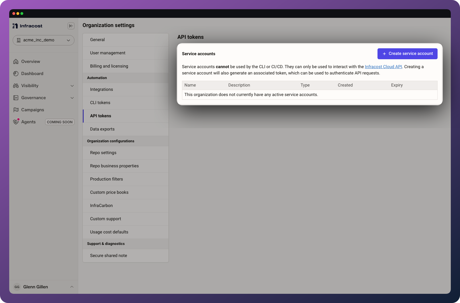 Create a service account token to access the api