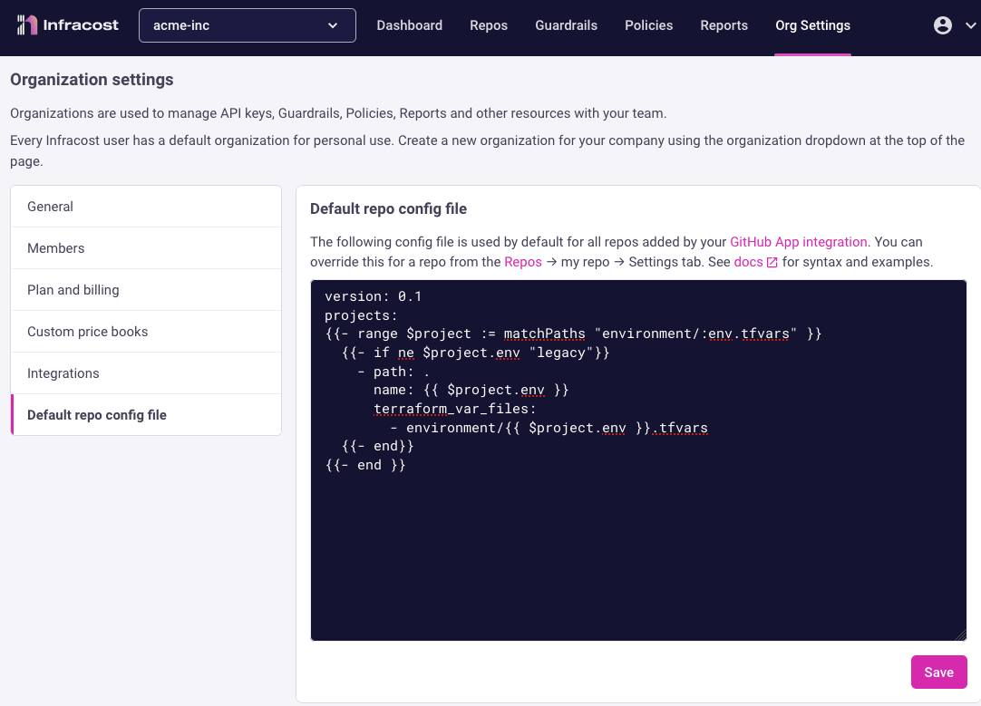Default config file used by all repos in the GitHub, Azure Repos or GitLab App integration
