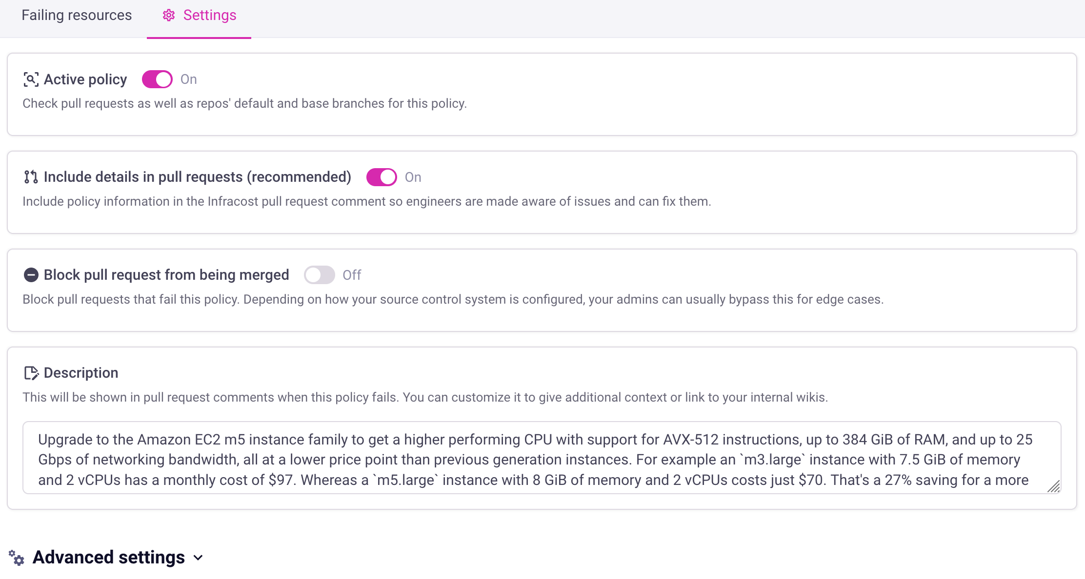 Each policy has settings that can be updated to enforce it in pull requests or customize the message shown in the pull request.