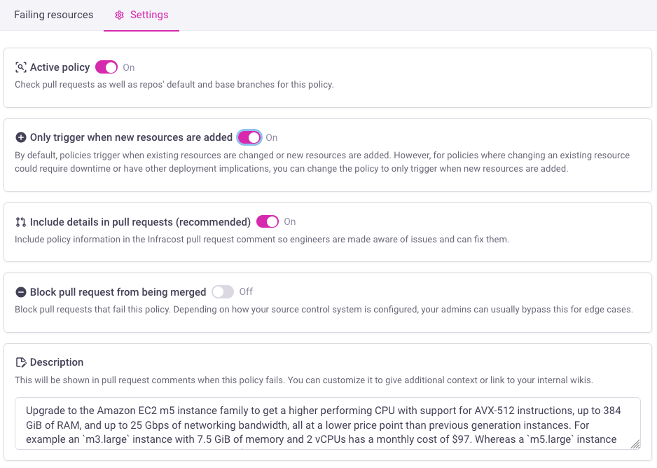 Each policy has settings that can be updated to enforce it in pull requests or customize the message shown in the pull request.