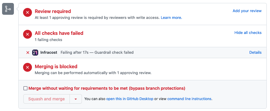Example pull request being blocked due to a triggered guardrail