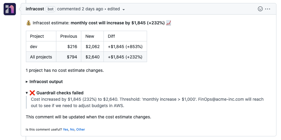 Example pull request comment with a custom message