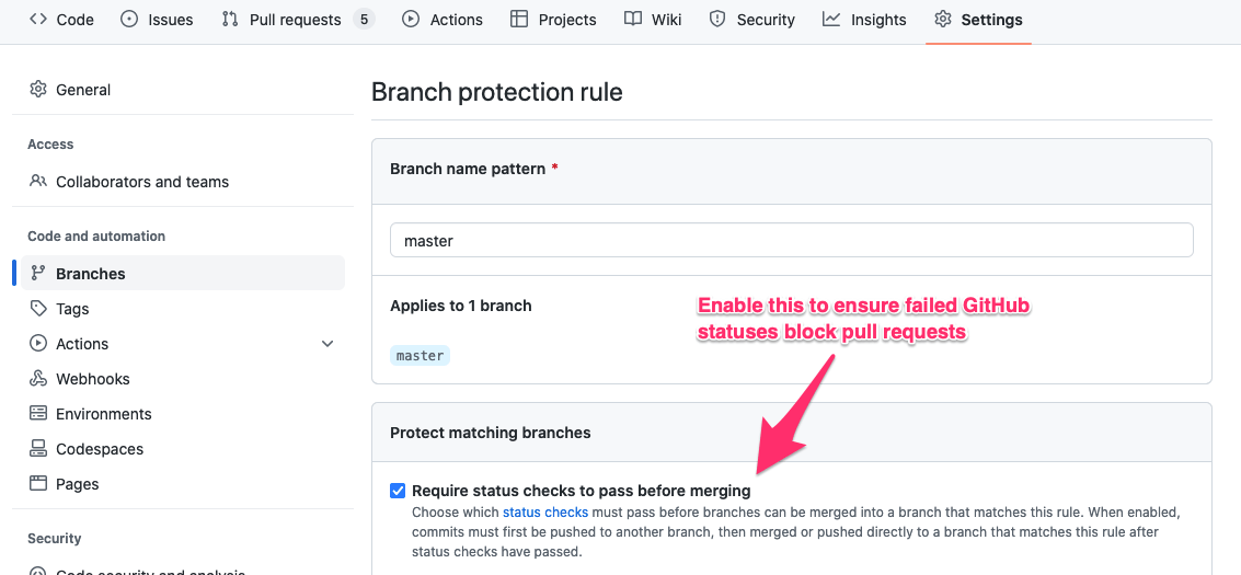 Configure GitHub to require status checks to pass before pull requests can be merged