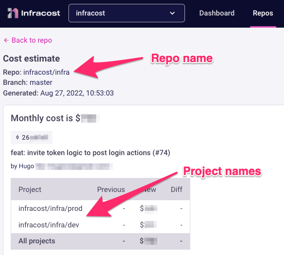 Project name in Infracost Cloud