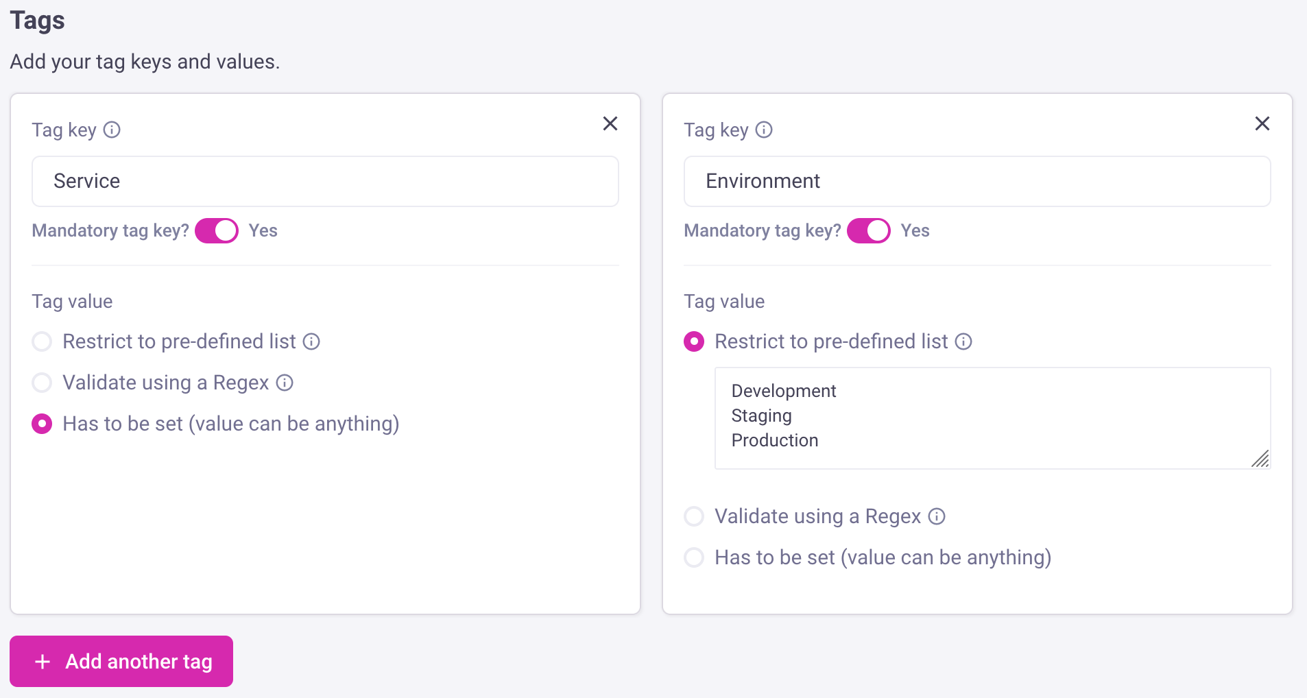 Define tag keys and values.