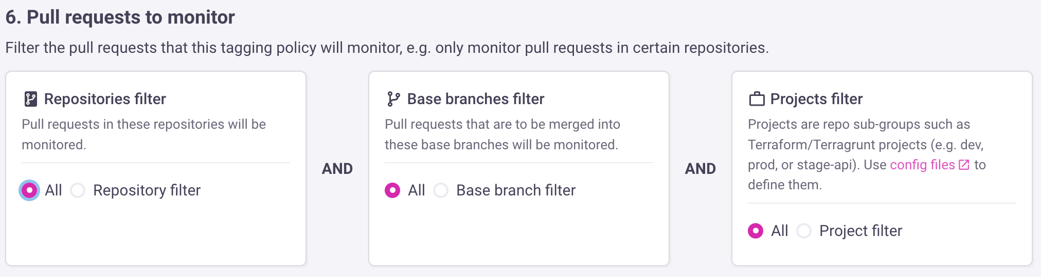Create a tagging policy using pull request filters.