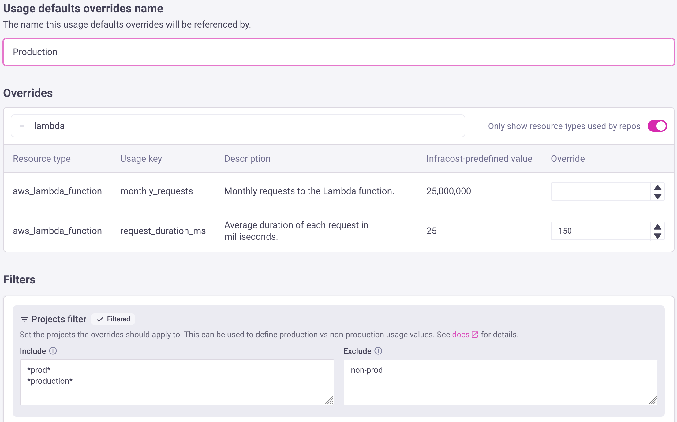 Usage overrides in Infracost Cloud