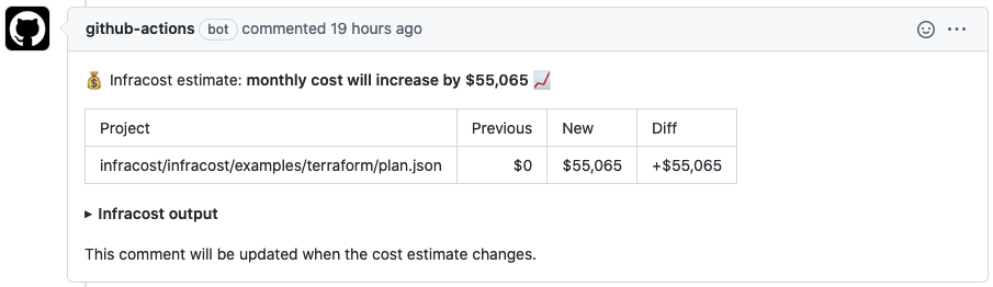 Infracost GitHub comment report