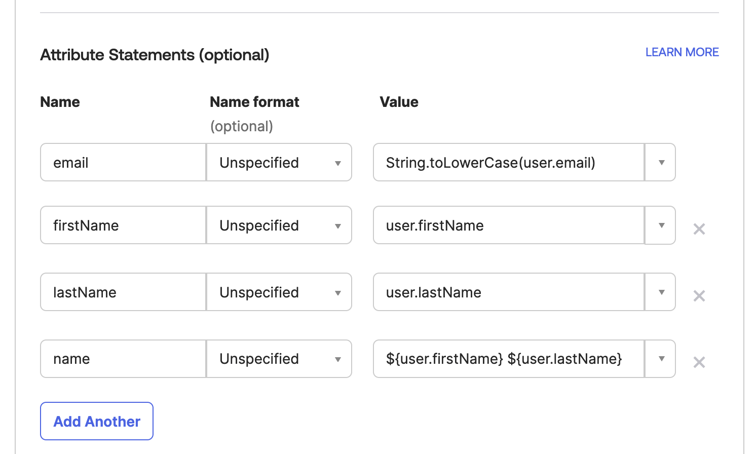 Okta Attribute Statements form