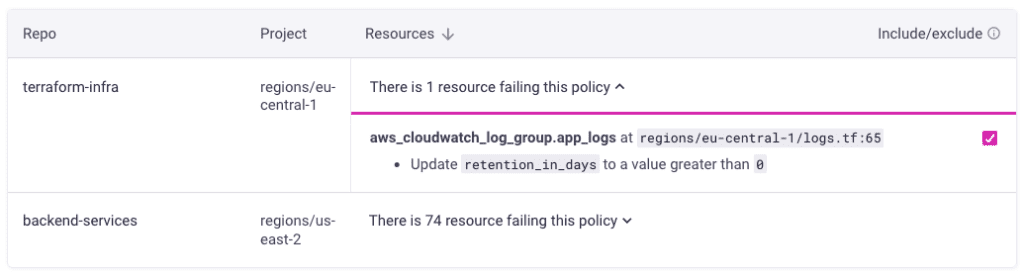 Infracost shows which code repos need to be updated to add CloudWatch retention policies