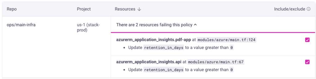 Infracost shows the code repos that need to be updated to add Azure Monitor retention policies