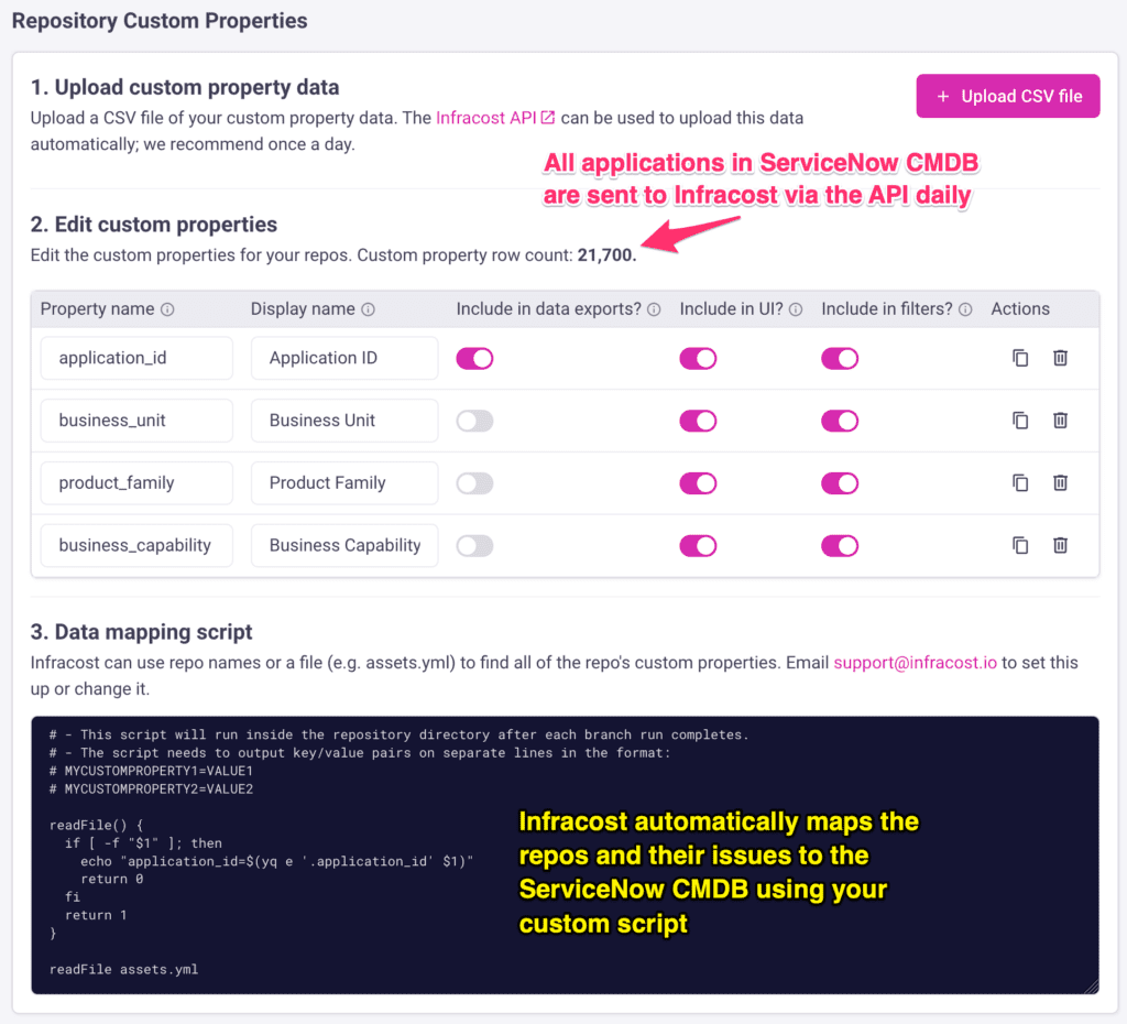 Infracost automatically updates Issue Explorer whenever your CSV data changes, or whenever a repository is added or changed.